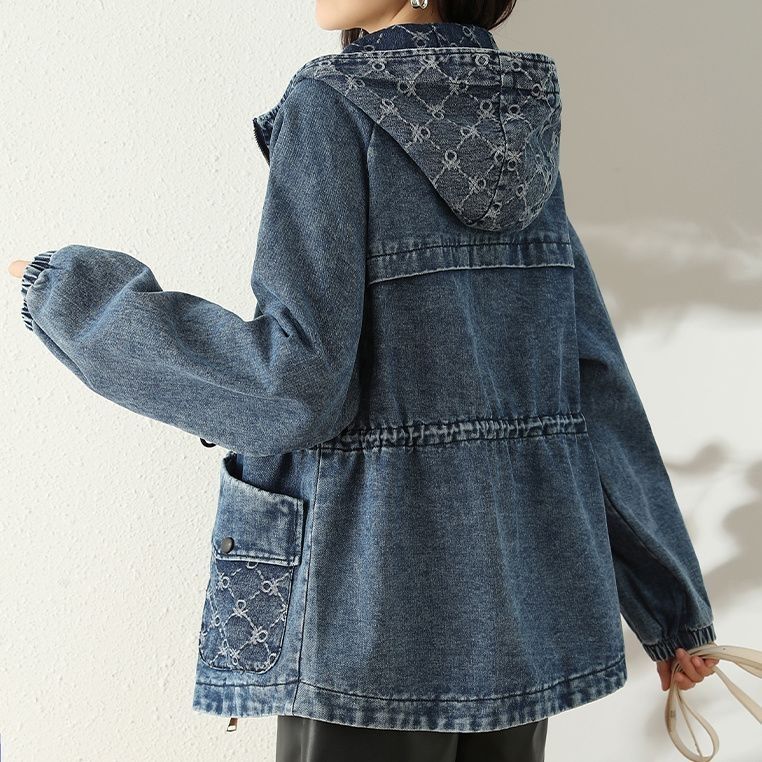 Women's Loose Large Size Denim Short Jacket with Hood Fashionable Korean Style Spring Autumn Waisted Casual Top_mkmklike.com