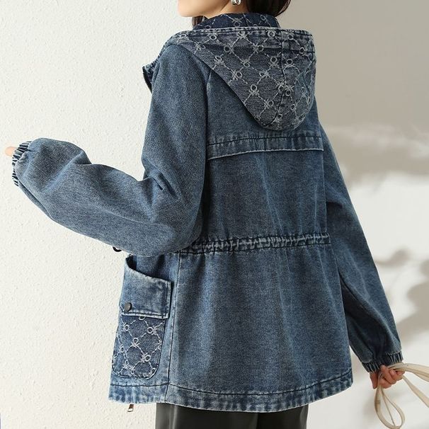 Women's Loose Large Size Denim Short Jacket with Hood Fashionable Korean Style Spring Autumn Waisted Casual Top_mkmklike.com