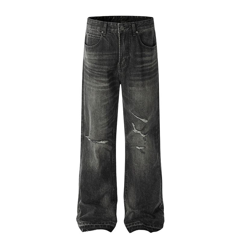 New American High Street Men's Distressed Ripped Jeans Selvedge Straight Leg Loose Fit Fringe Extremely Distressed Denim_mkmklike.com