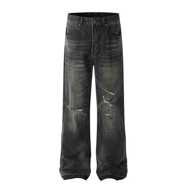New American High Street Men's Distressed Ripped Jeans Selvedge Straight Leg Loose Fit Fringe Extremely Distressed Denim_mkmklike.com