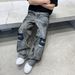 Men's Gray Distressed Jeans – Vintage High Street Baggy Denim Pants With Frayed Hem & Hand-Painted Details – Retro Loose Fit Streetwear Trousers_mkmklike.com