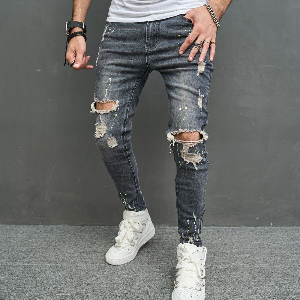 2023 Men's Slim Fit Jeans Knee Wear Stretch Casual Midweight Wide Leg Pants Black Blue mid Waist Machine Washable_mkmklike.com