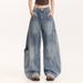 Trendy American Silhouette Scimitar Jeans Men's High Street Design Pants Washed Straight Wide-leg Trousers_mkmklike.com