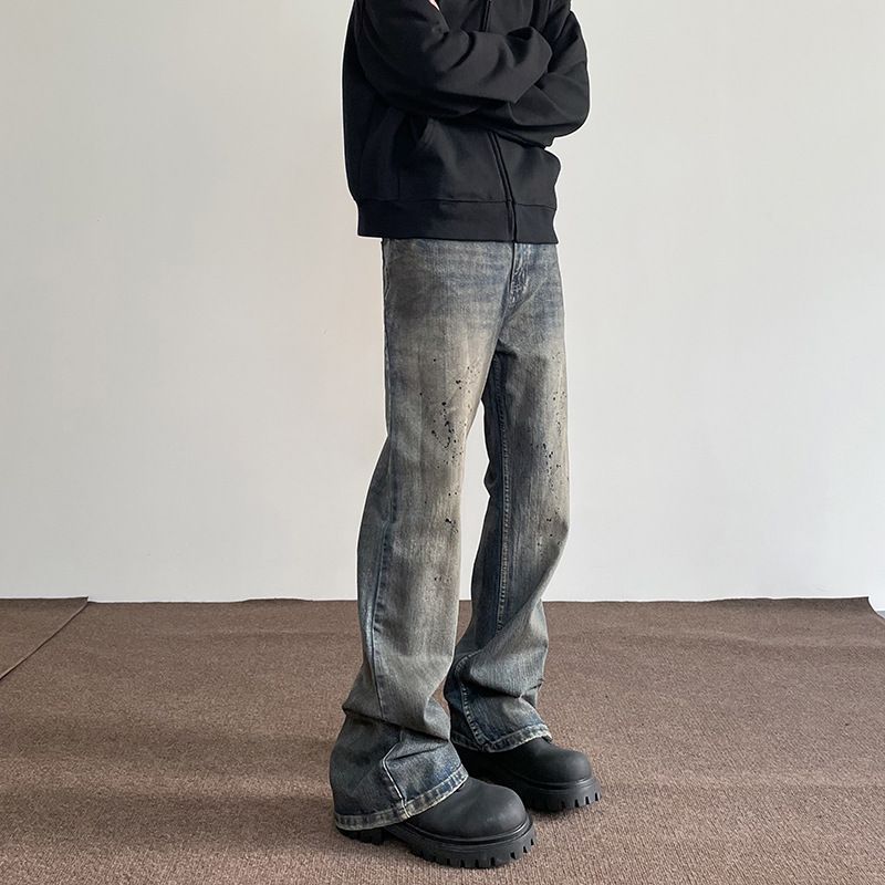 Men's Clothing American High Street Dirtyfit Old Ink Splashed Jeans Ins Trendy Straight Flared Vibe Slim Pants_mkmklike.com