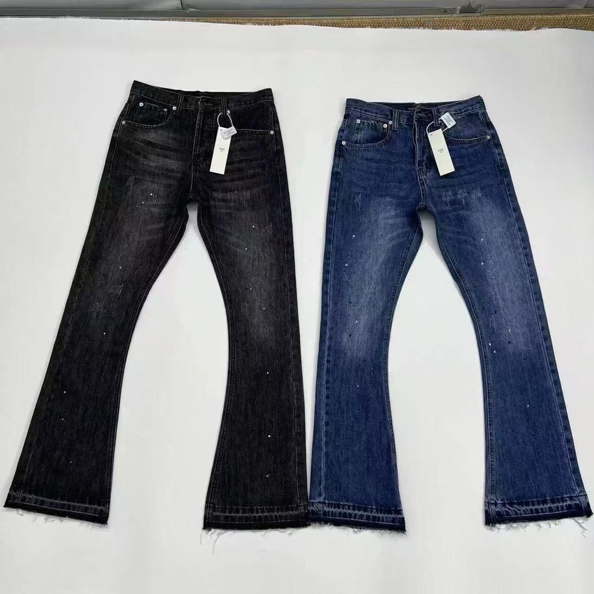 Black Grey Splatter Fringe Distressed Flared Jeans High Street Vibe Long Pants For Men Women_mkmklike.com