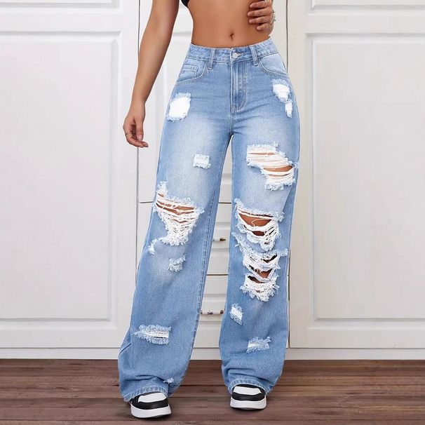 Women's Clothing Ripped Jeans Washed High Waist Straight Leg Distressed Jeans - Classic Blue & Grey Washed Denim Pants For Casual & Streetwear_mkmklike.com