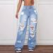 Women's Clothing Ripped Jeans Washed High Waist Straight Leg Distressed Jeans - Classic Blue & Grey Washed Denim Pants For Casual & Streetwear_mkmklike.com