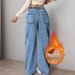 Women's Flared Fleece-Lined Jeans - High Waist Loose Wide Leg Winter Pants, Sweet & Spicy Style, Mid Blue Wash, Plus Size Available (XS-XXL)_mkmklike.com