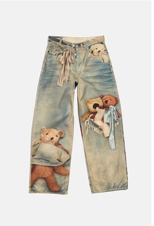 ELLE Correct Version AC2025 Autumn Winter Niche Design Sense Bear Stereoscopic Print Loose Straight Jeans For Women_mkmklike.com