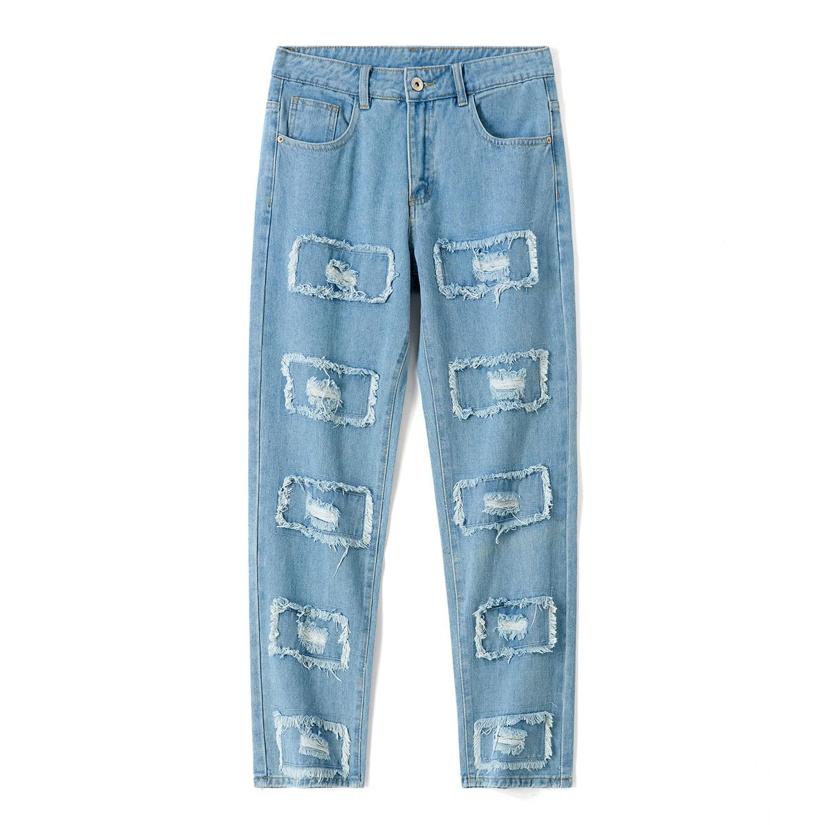 Laike Men's Summer Jeans Retro Style Trendy Ripped Patch Loose Casual Pants Fashion_mkmklike.com