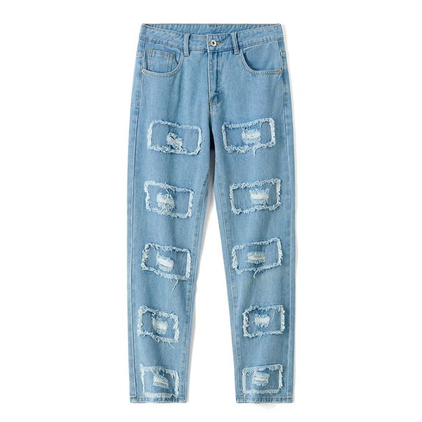 Laike Men's Summer Jeans Retro Style Trendy Ripped Patch Loose Casual Pants Fashion_mkmklike.com