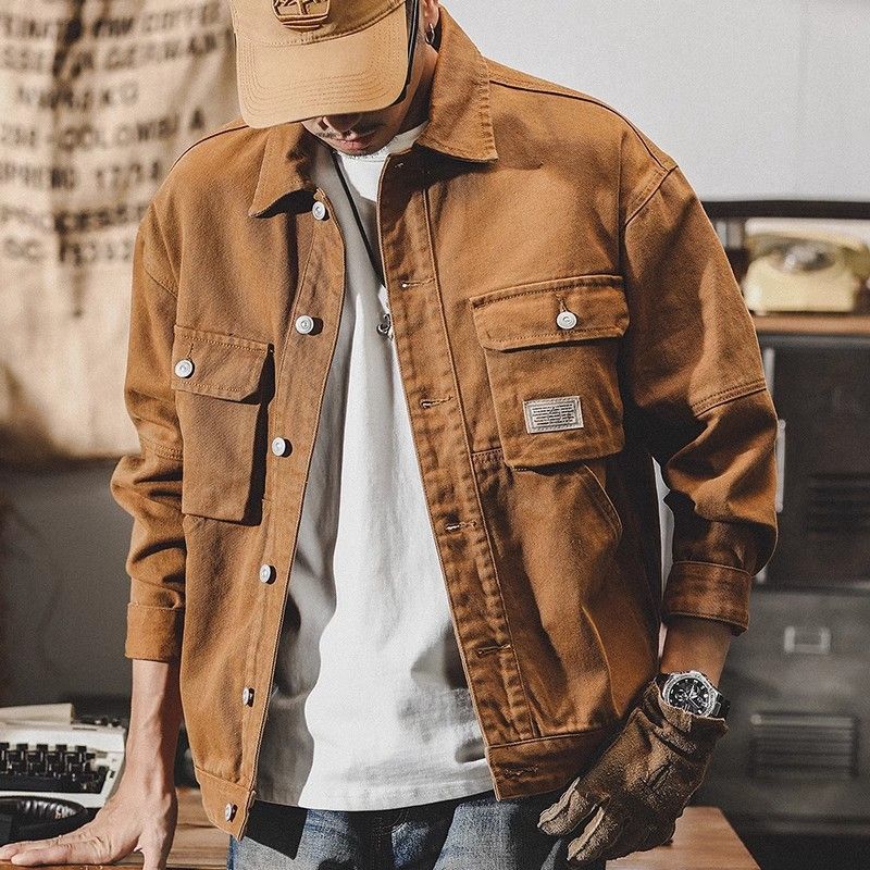 American Heavy Retro Denim Jacket Men's Loose Trendy Brand Autumn New Trend Versatile Handsome Tooling Jacket Men_mkmklike.com