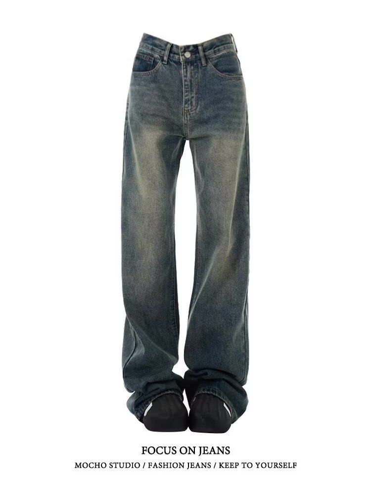 Women's Vintage High-Waisted Flared Jeans – Distressed Wide-Leg Denim Pants With Stretch (S-3xl, Blue/Black)_mkmklike.com