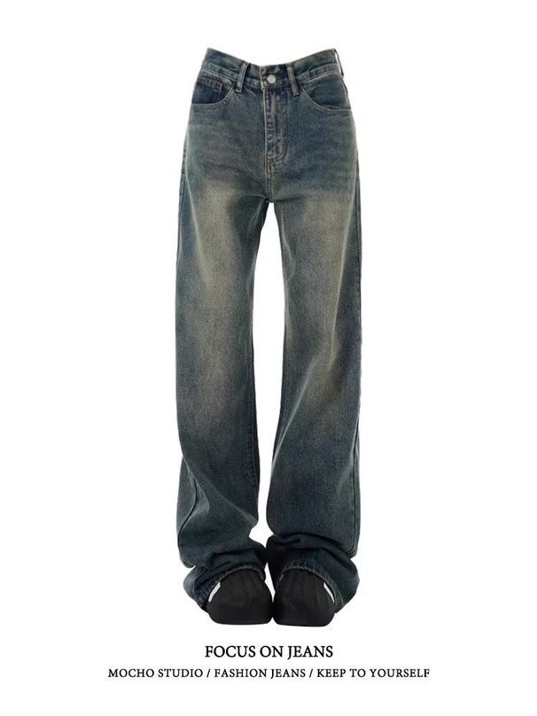 Women's Vintage High-Waisted Flared Jeans – Distressed Wide-Leg Denim Pants With Stretch (S-3xl, Blue/Black)_mkmklike.com