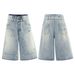 Men's Clothing Summer Washed Blue Retro High End Worn Design Men's Loose Cropped Jeans_mkmklike.com