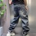 Men's Plus Size Ripped Straight Leg Jeans American Casual Retro Gradient Washed Denim Wide Leg Drape Low Waist Long Spring Style_mkmklike.com
