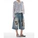 Retro High Street Ripped Denim Capri Pants Loose Fit Summer 7/8 Length For Men And Women Trendy Cotton Mid Waist Black Blue_mkmklike.com