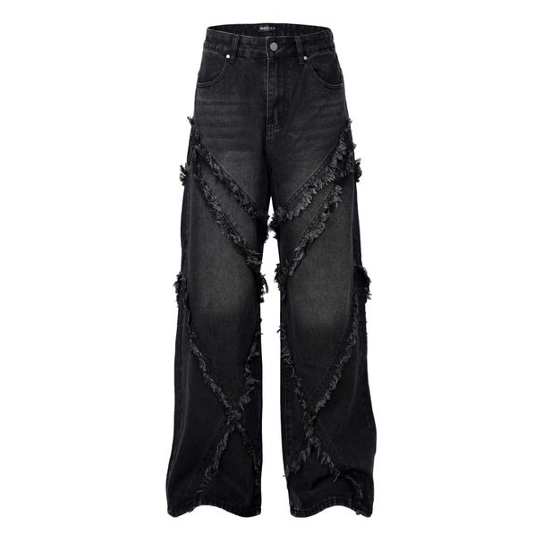 Men's Clothing High Street Washed Distressed Stitching Cat Whisker Jeans Unisex Fashion Brand Loose Wide Leg Straight Trousers_mkmklike.com
