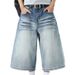 Men's Clothing Unisex Style Washed Whiskered Denim Shorts Summer High Street Trendy Wide Leg Capri Pants Loose Versatile Curved Trousers_mkmklike.com