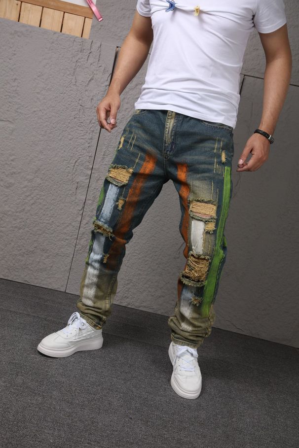 Streetwear Distressed Jeans For Men – High-Street Slim Fit Paint-Splatter Denim Pants, Non-Stretch Skinny Fit (28-40, Olive Green)_mkmklike.com