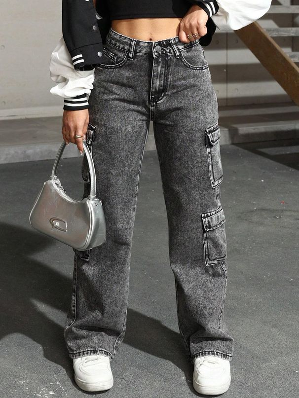 Distressed Washed Denim Cargo Pants For Women & Teens - Multi-Pocket Workwear Jeans, Streetwear Fashion, High Waist Straight Leg (Black, XS-XXL)_mkmklike.com