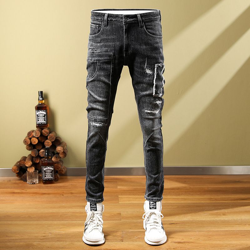 BOY BOY Autumn Winter Trendy Brand Men's Slim Fit Skinny Stretch Thick Black Jeans Patchwork Ripped Patches European American_mkmklike.com