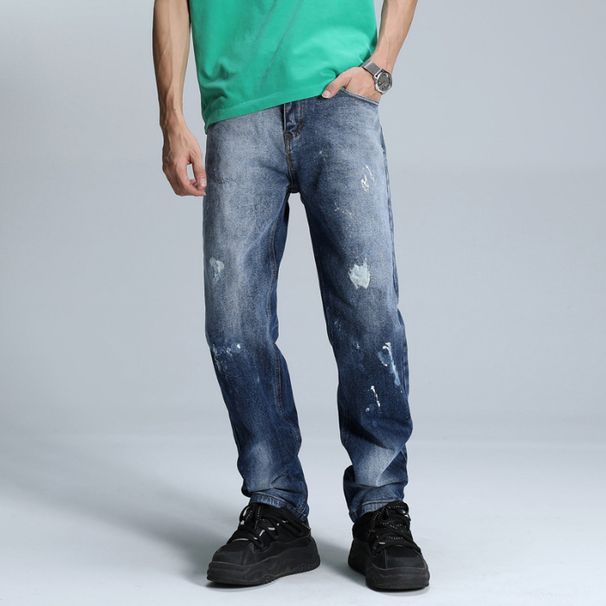 Men's High-Street Distressed Denim Jeans – Splatter Paint Washed, Straight-Leg Relaxed Fit, Mid-Rise (Sizes 30-38, 80% Cotton Stretch)_mkmklike.com