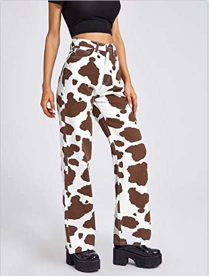 Women's High Waist Casual Pants Loose Straight Leg Jeans Fashion Personalized Print Style European American 2021_mkmklike.com