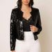 Women's round neck long-sleeved solid color cardigan casual versatile sequined jacket_mkmklike.com