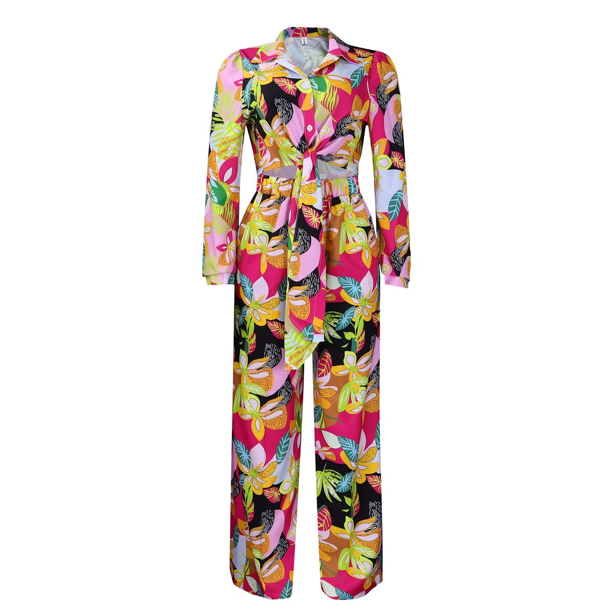 Women's Fashion Print Two-piece Suit Lapel Tie Shirt Wide Leg Pants Suit_mkmklike.com