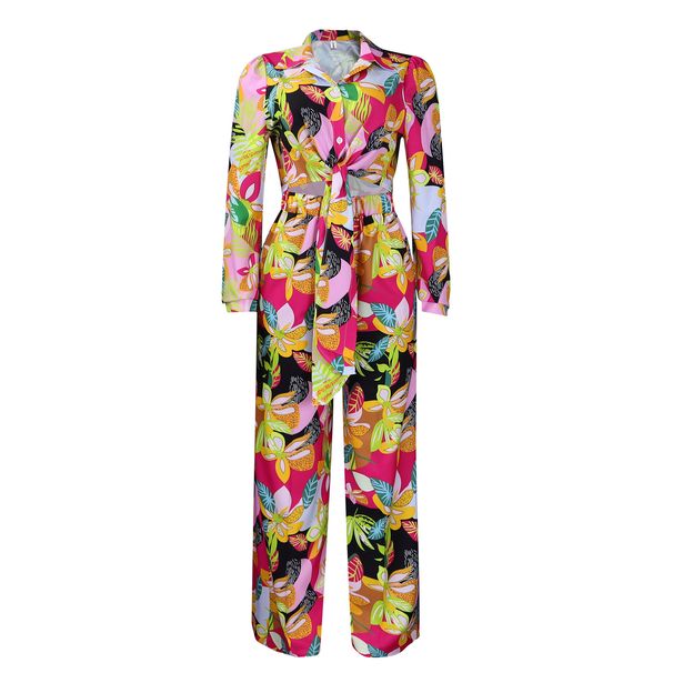 Women's Fashion Print Two-piece Suit Lapel Tie Shirt Wide Leg Pants Suit_mkmklike.com