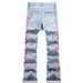Men's Flared Jeans Retro 70s Style High Waist Wide Leg Denim Pants With Embroidered Plum Blossom Design - Light Blue_mkmklike.com