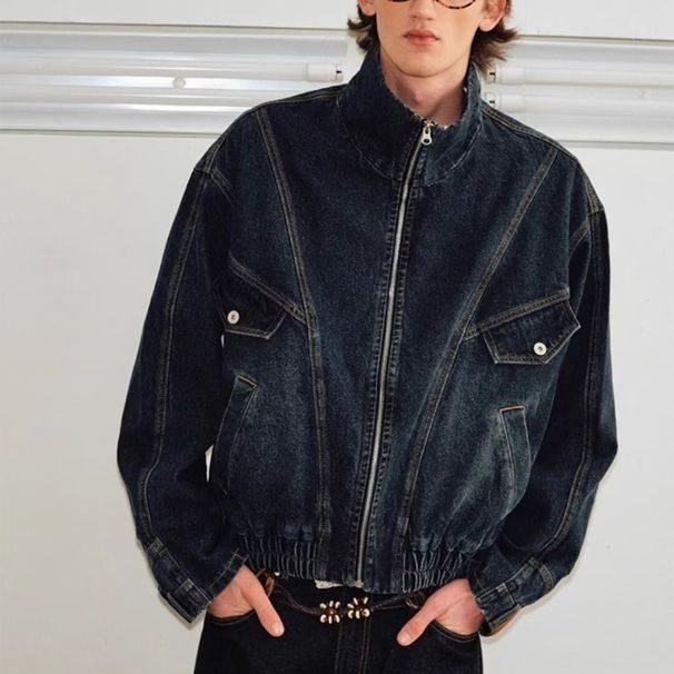 Deconstruction Of Niche Trendy Brands, Washed Heavy Industry Stand Up Collar, Loose Denim Jacket, Zipper Jacket_mkmklike.com
