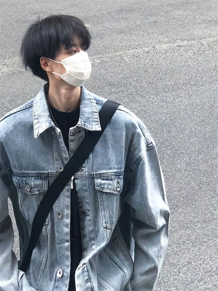 American Retro Blue Denim Jacket Men's High Street Lapel Shirt Jacket Spring And Autumn Oversize Loose Top_mkmklike.com