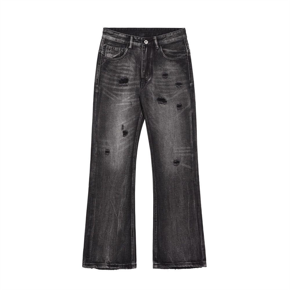 Distressed Washed Scratch Micro Flare Jeans Men's Trendy Casual Ripped Frayed Loose Cuff Bell Bottom Pants_mkmklike.com