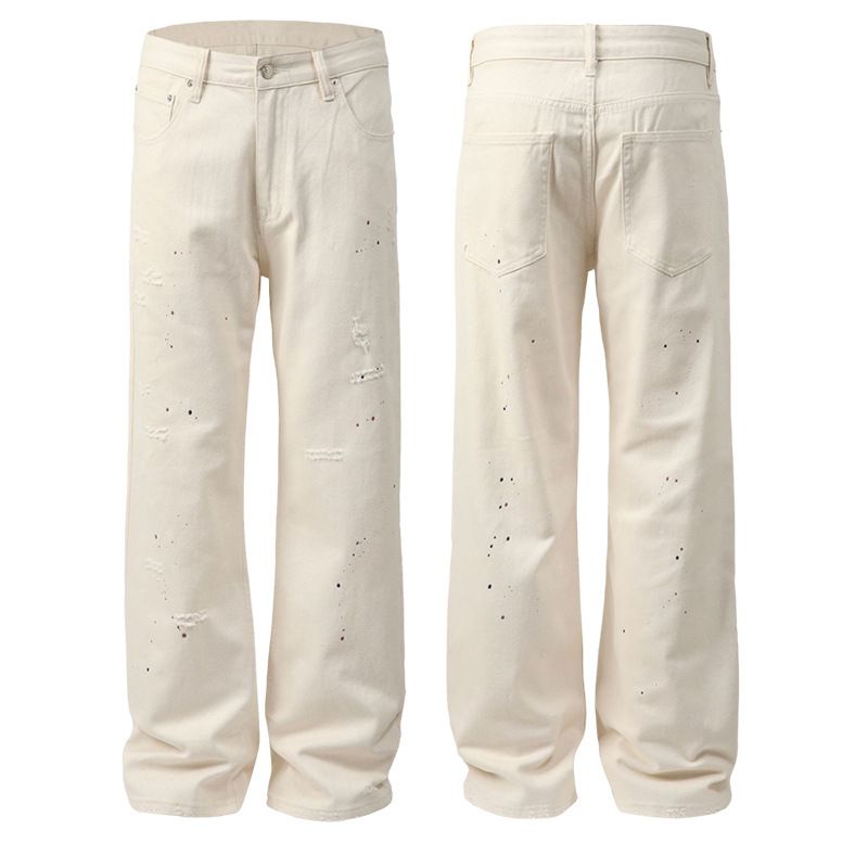 Men's Clothing & Archer0603 & Off White Splashed Design Pure Cotton Straight Leg Pants Minimalist Ripped Versatile Jeans For Men_mkmklike.com