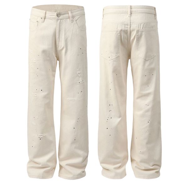 Men's Clothing & Archer0603 & Off White Splashed Design Pure Cotton Straight Leg Pants Minimalist Ripped Versatile Jeans For Men_mkmklike.com