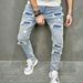 Men's Clothing denim high street trendy brand ripped slim fit small foot elastic jeans men's slim fit_mkmklike.com