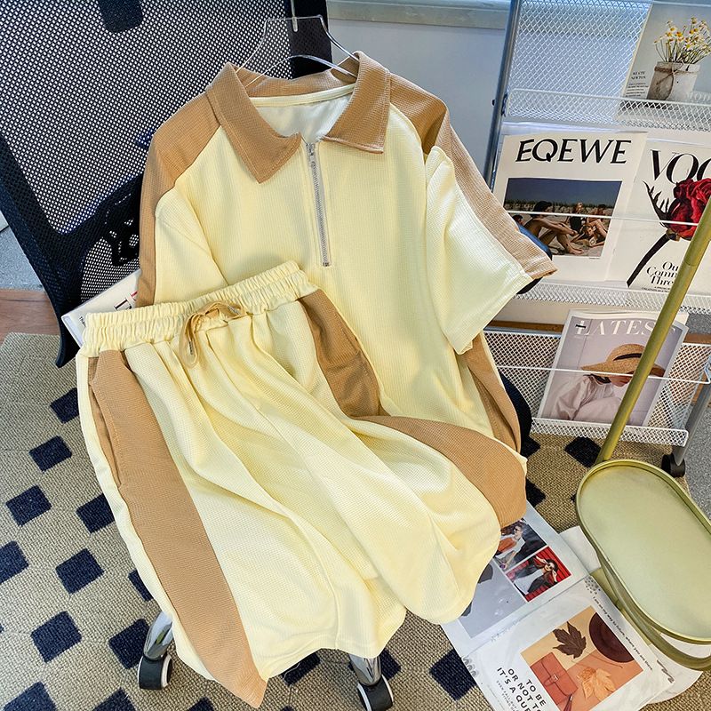 Men's Clothing Waffle sports suit summer men's clothing color matching lapel short sleeved T shirt set with handsome casual shorts_mkmklike.com