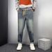 Men's Casual Straight Leg Washed Denim Pants - Stretch Comfort Fit, Vintage Style, Multiple Sizes (Blue)_mkmklike.com