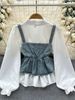 Women's Clothing Korean retro denim camisole vest fashionable layered 1 age reducing puff sleeve shirt two piece top for women spring_mkmklike.com