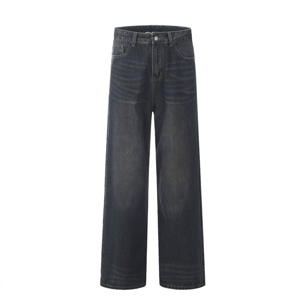Punk High Street Washed Vintage Jeans For Men With Rivet Decoration, PU Leather Color Block Pocket Design, Unique Long_mkmklike.com