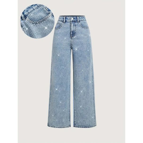 Women's Stretch Denim Jeans – Straight Leg, Washed Blue With Beaded Embellishments (XS-XXXXXL)_mkmklike.com