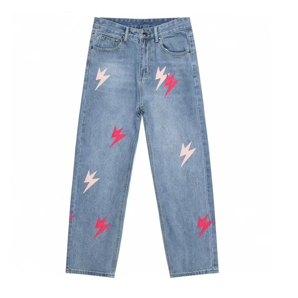 Lightning Print Washed Denim Jeans - West Coast Aesthetic High Street Vibe Deconstructed Loose Straight Leg Cargo Pants_mkmklike.com
