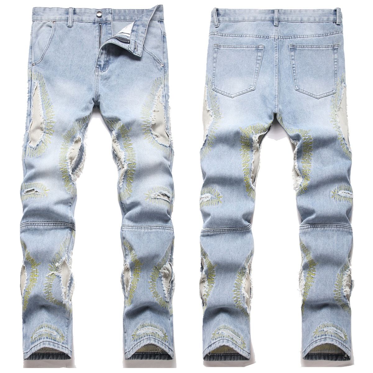 Men's Slim Straight Jeans With Fashion Hole Embroidery Patch - Comfortable Cotton Denim Pants For Casual Wear (Sizes 28-42)_mkmklike.com