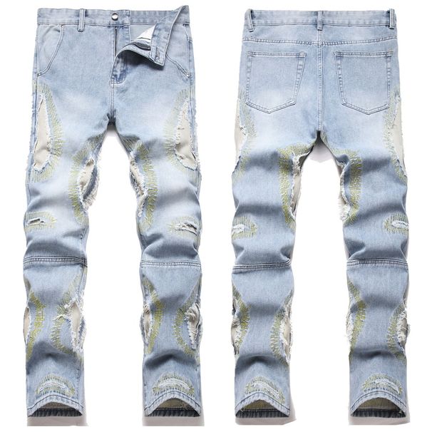 Men's Slim Straight Jeans With Fashion Hole Embroidery Patch - Comfortable Cotton Denim Pants For Casual Wear (Sizes 28-42)_mkmklike.com