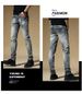 Trendy Light Blue Faux Ripped Jeans For Men Korean Style Slim Fit Stretchy Retro Skinny Trousers For Teenagers_mkmklike.com