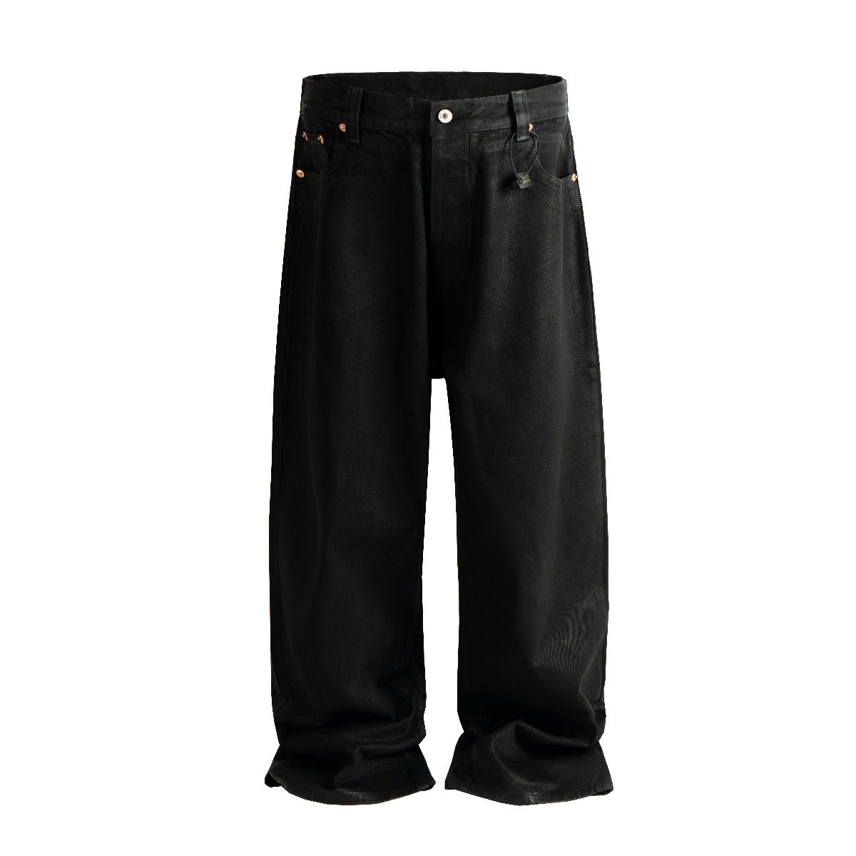 Waxed Coated Heavyweight Straight-Leg Jeans – Streetwear Stacked Denim Pants With Deep Crotch & Relaxed Fit (Black, S-XXXL) – Stiffened Non-Stretch_mkmklike.com