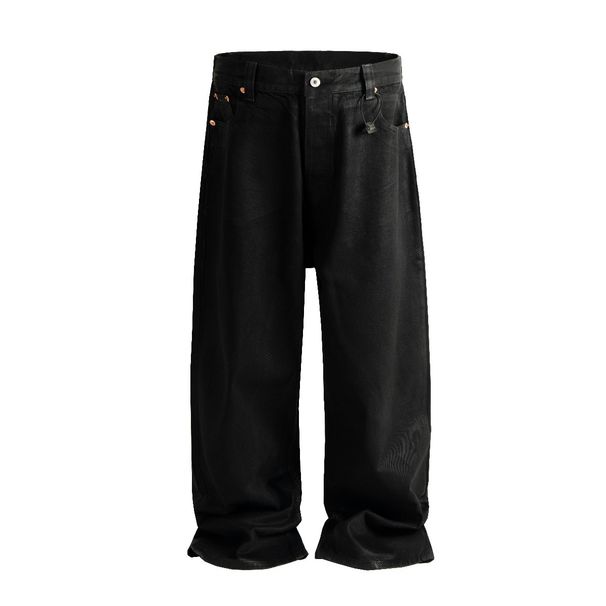 Waxed Coated Heavyweight Straight-Leg Jeans – Streetwear Stacked Denim Pants With Deep Crotch & Relaxed Fit (Black, S-XXXL) – Stiffened Non-Stretch_mkmklike.com