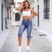 Women's High Waist Stretch Denim Shorts Ripped Design Elastic Waist Drawstring Versatile And Effortlessly Stylish Jeans_mkmklike.com